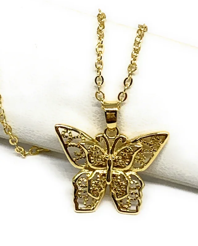 Gold Plated Yellow Butterfly Dainty Pendant Necklace Chain 20”