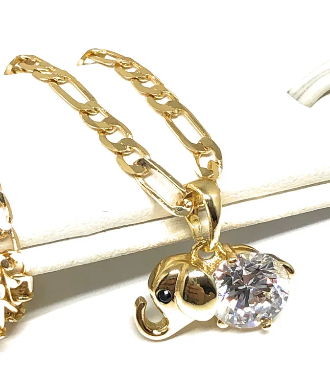 Gold Plated Yellow Dainty Elephant CZ Pendant Necklace Chain 18” 3mm