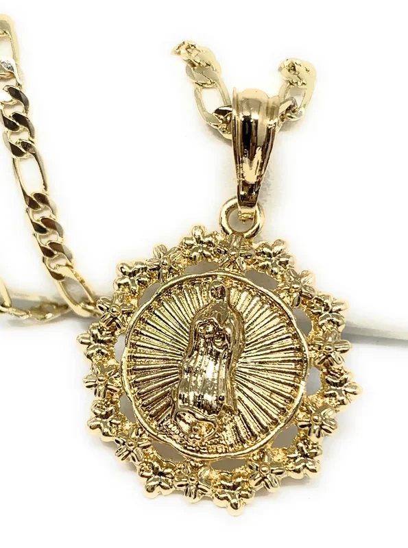 Gold Plated Yellow Virgin Mary Round Flower Pendant Necklace 24″ Virgen de Guadalupe