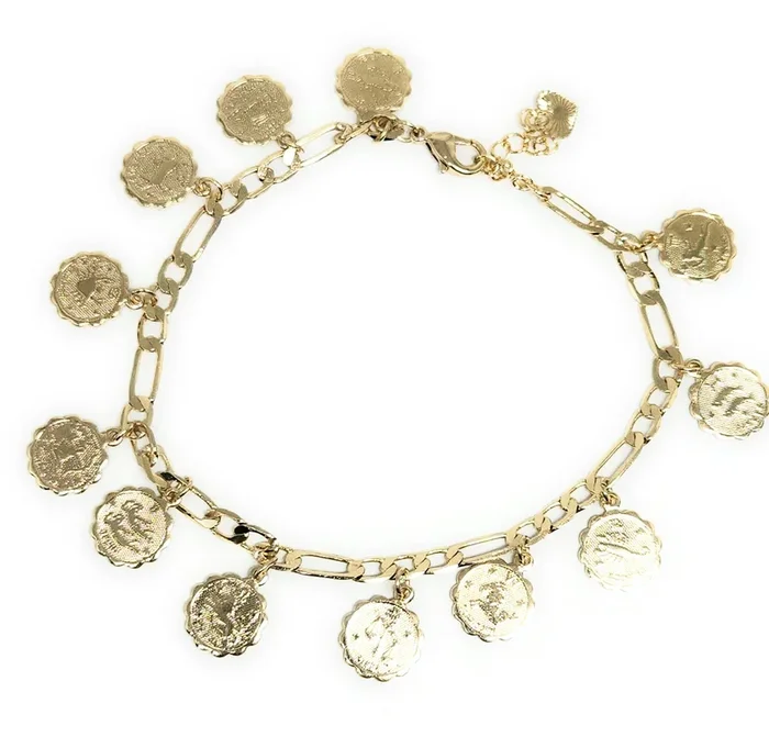 Gold Plated ZODIAC Symbols Charms Bracelet Pulsera 8”