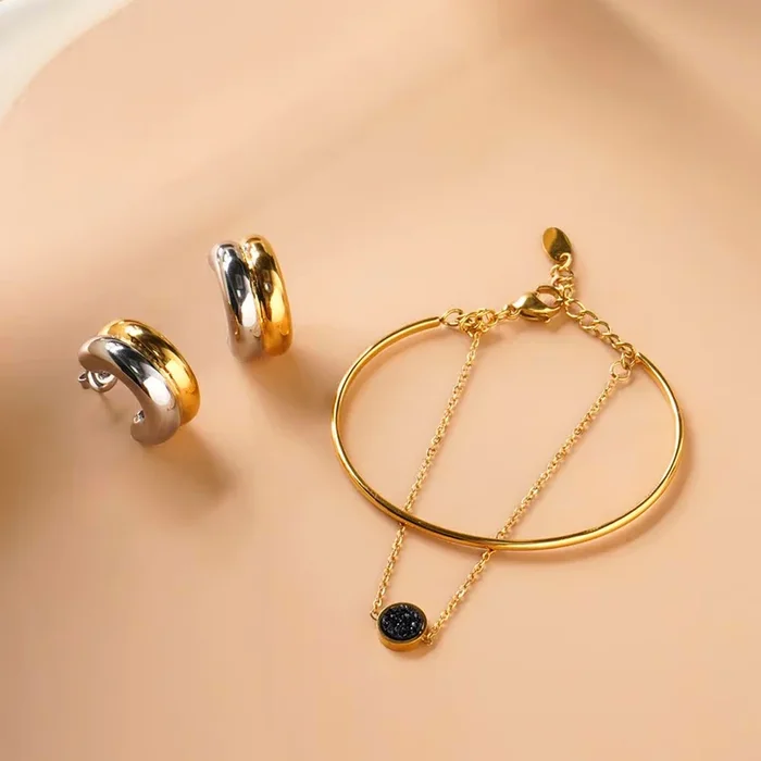 Golden Silver Chunky Hoop Earrings & Double Layer Stone Cuff Bracelet Combo Set