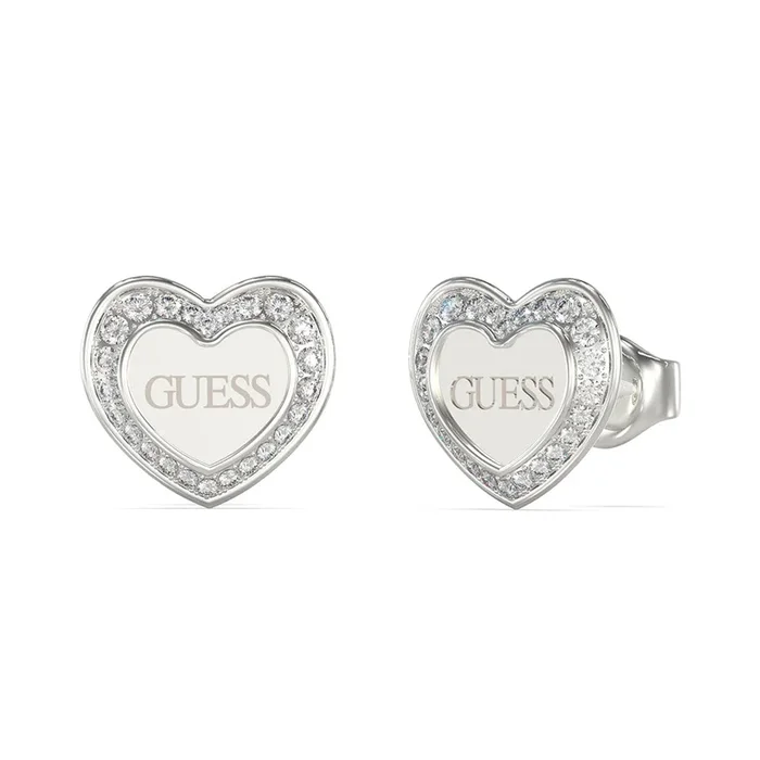 Guess Rhodium Plated Stainless Steel 12mm Crystal Heart Stud Earrings