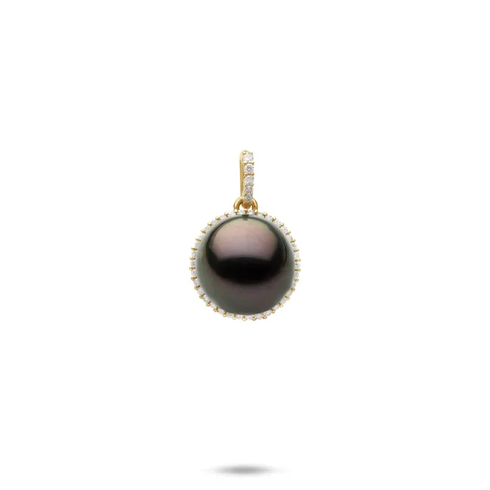 Halo Tahitian Black Pearl Pendant in Gold with Diamond – 10-11mm