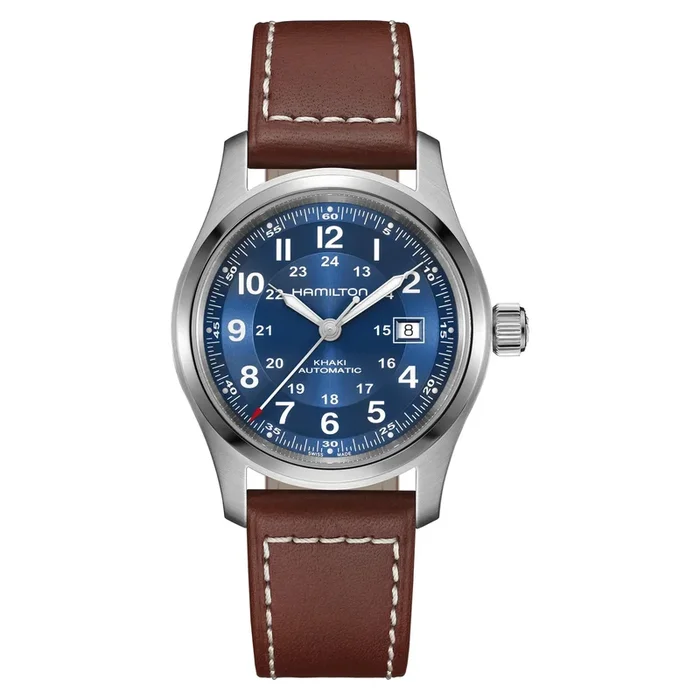 Hamilton Khaki Field automatic watch, blue dial, brown leather strap, 42 mm H70605540 – Lepage
