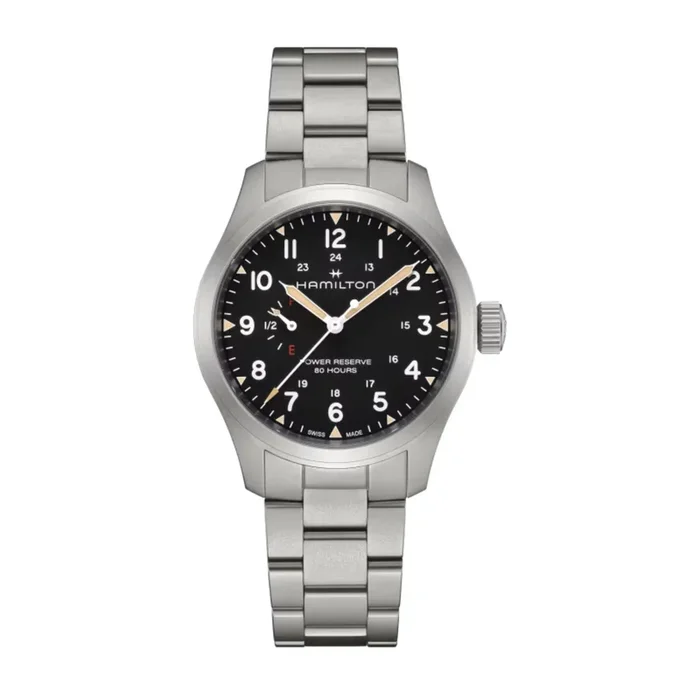 Hamilton Khaki Field Power Reserve mechanical watch with black dial and 40 mm steel bracelet- Lepage