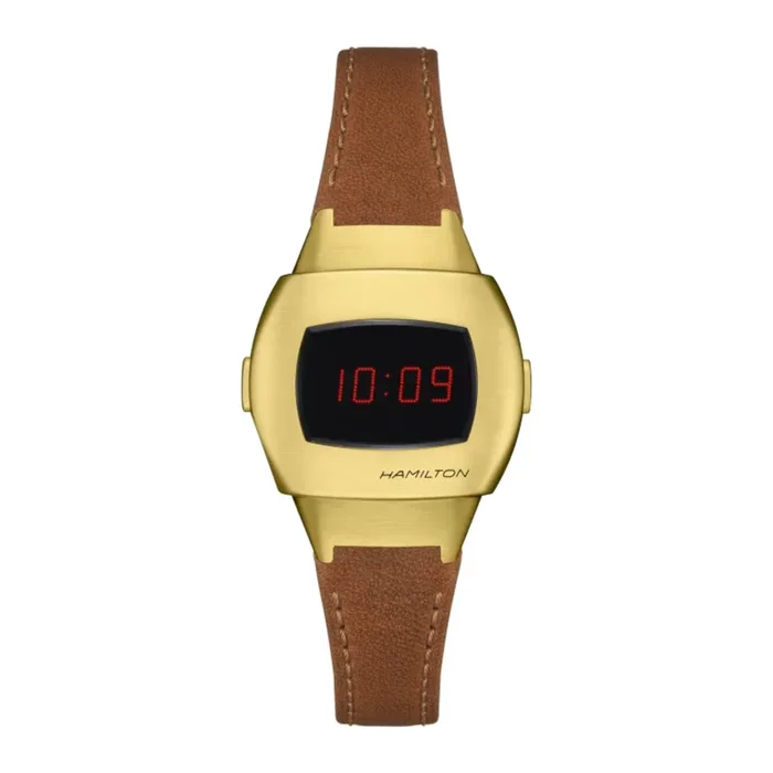 Hamilton PSR 74 Digital quartz watch with yellow gold PVD coating, LCD display, red OLED display, and brown leather strap – Lepa