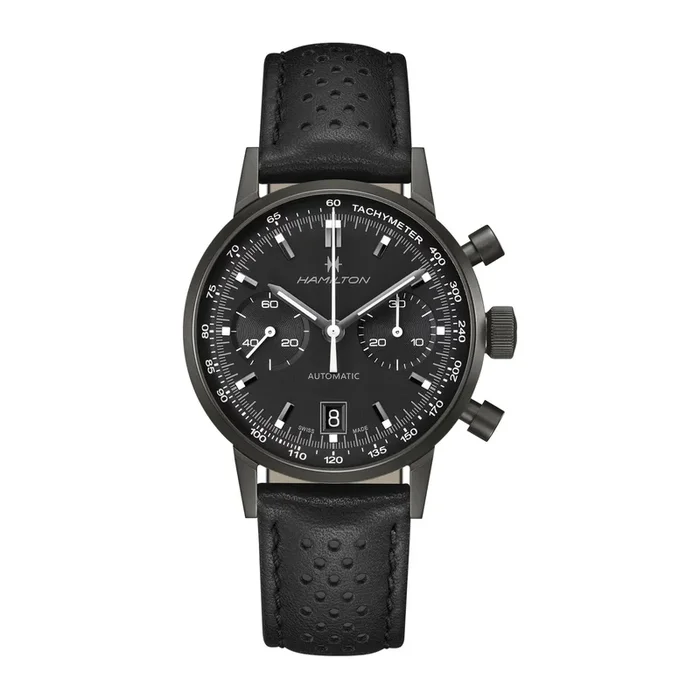 Hamilton watch, automatic Intra-Matic chronograph, black dial, black and white leather strap, 40 mm H38446730 – Lepage