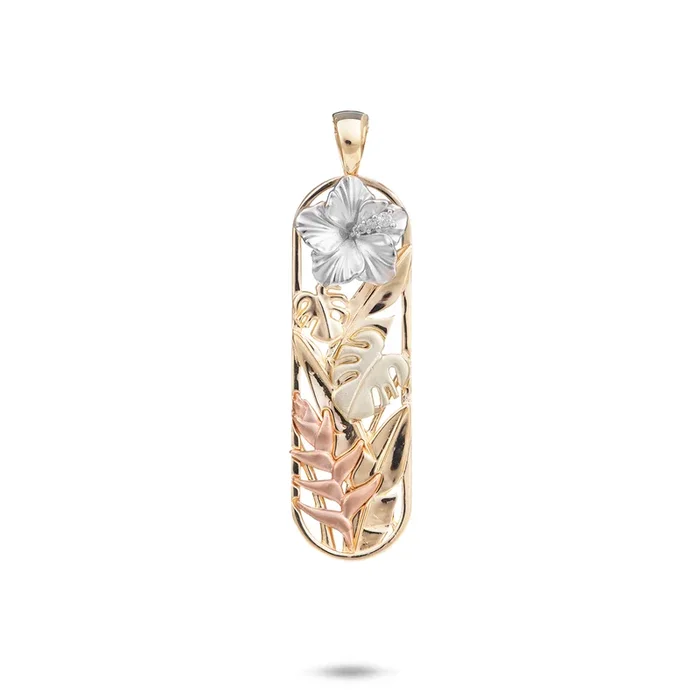 Hawaiian Gardens Hibiscus Pendant in Four Tone Gold with Diamonds – 32mm