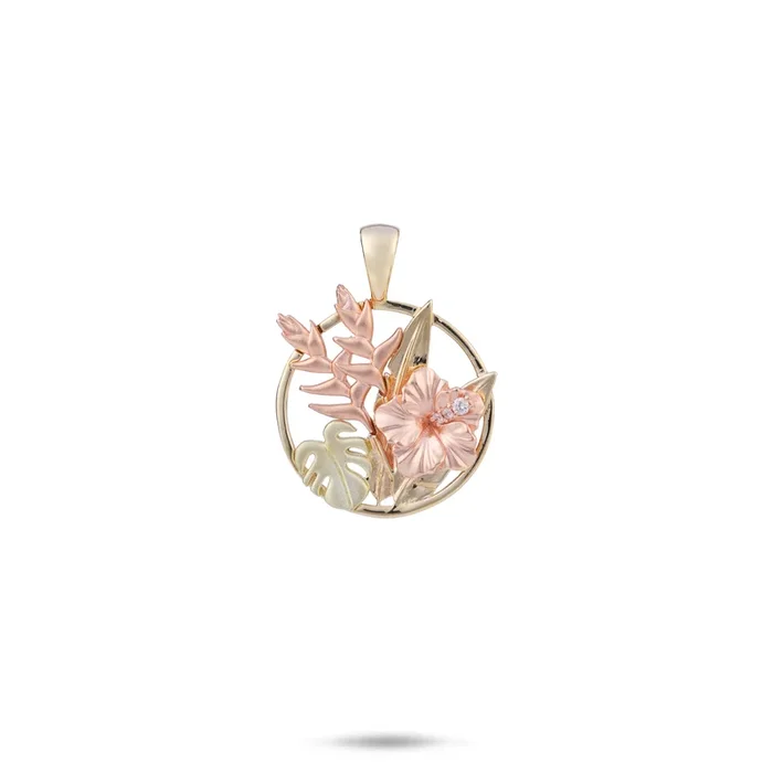 Hawaiian Gardens Hibiscus Pendant in Tri Color Gold with Diamonds – 15mm
