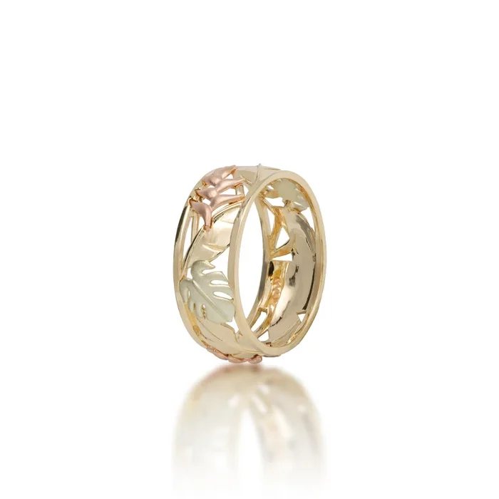 Hawaiian Gardens Monstera & Heliconia Ring in Tri Color Gold – 8mm