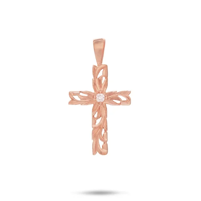 Hawaiian Heirloom Old English Scroll Cross Pendant in Rose Gold with Diamond – 23mm