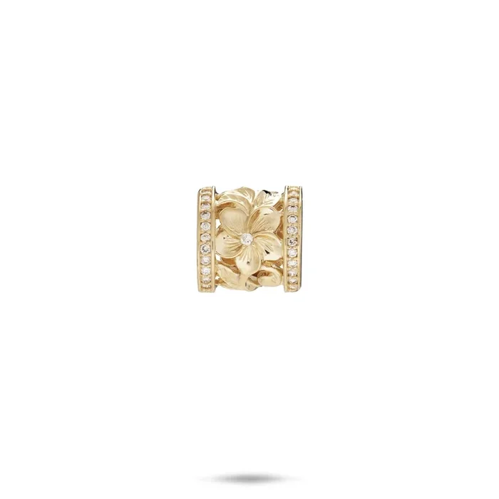Hawaiian Heirloom Plumeria Barrel Pendant in Gold with Diamonds – 12mm