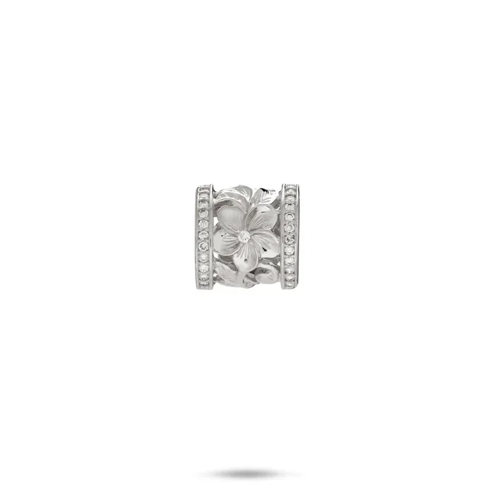 Hawaiian Heirloom Plumeria Barrel Pendant in White Gold with Diamonds – 12mm