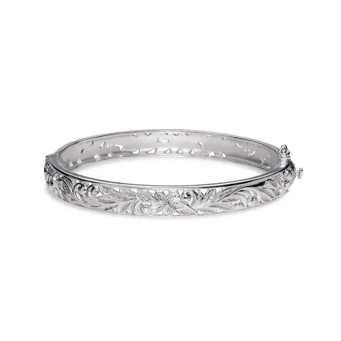 Hawaiian Heirloom Plumeria Hinge Bracelet in Sterling Silver – 8mm