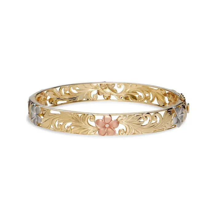 Hawaiian Heirloom Plumeria Hinge Bracelet in Tri Color Gold with Diamonds – 10mm