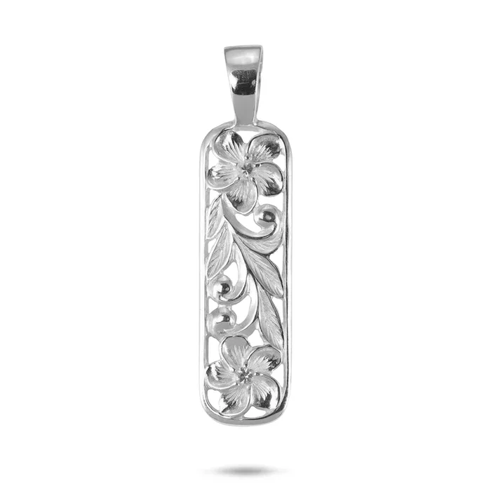Hawaiian Heirloom Plumeria Pendant in Sterling Silver with White Sapphire – 32mm
