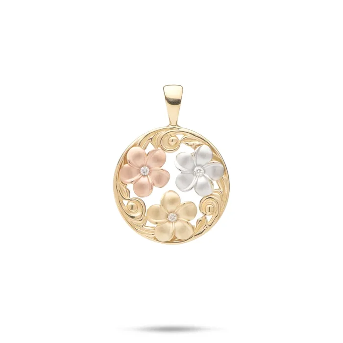 Hawaiian Heirloom Plumeria Pendant in Tri Color Gold with Diamonds – 18mm