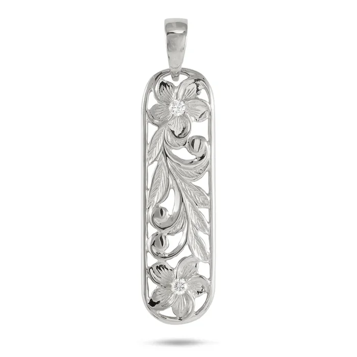 Hawaiian Heirloom Plumeria Pendant in White Gold with Diamonds – 38mm