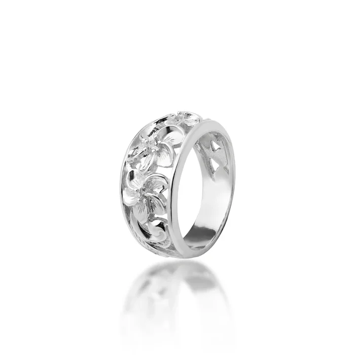 Hawaiian Heirloom Plumeria White Sapphire Ring in Sterling Silver – 11mm