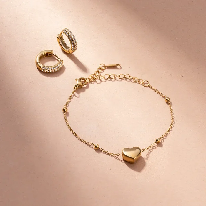 Heart Charm Bracelet & Diamond Huggie Hoop Earrings Combo Set