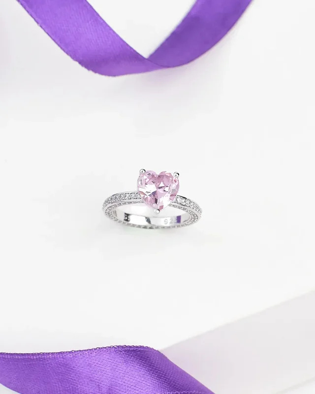 Heart Inspired Demifine Silver Ring with Pink Sparkling CZ