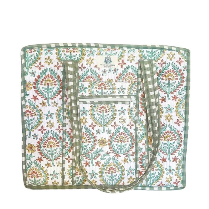 Heart of Grace Soleil Sage Large Quilted Zipper Tote
