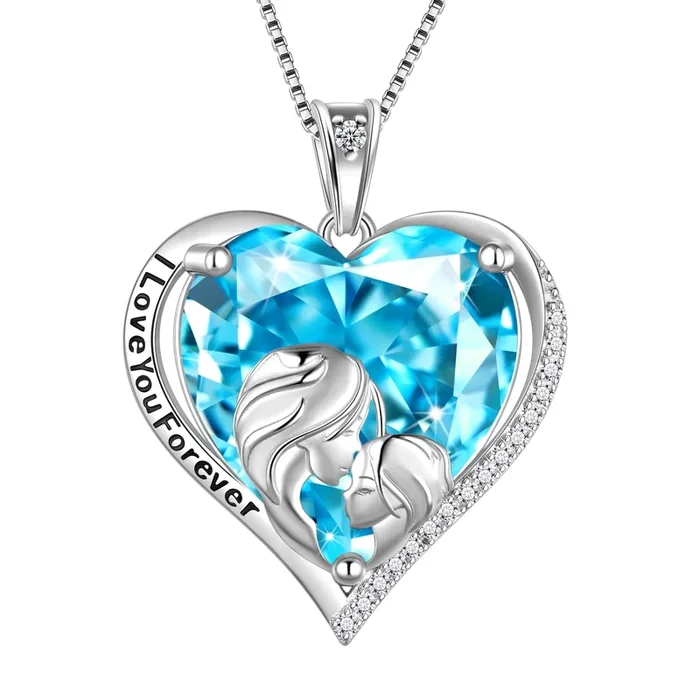 Herzförmige Halskette für Damen, 925er Sterlingsilber, Anhänger mit blauem Aquamarin, Geburtsstein – das perfekte Geschenk zum Muttertag und Geburtstag im März. Ideal für Mütter und Töchter.