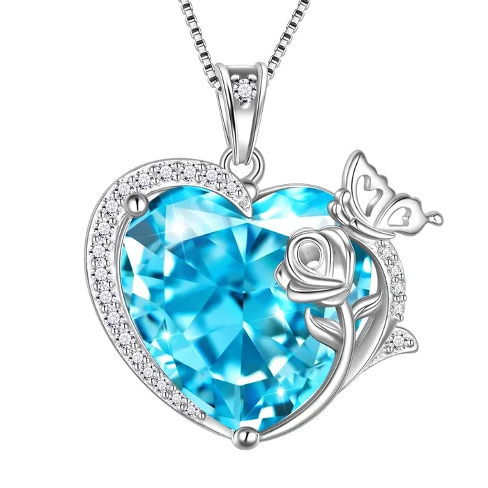Herzförmige Halskette mit Schmetterlings- und Rosenanhänger, Geburtsstein März, Aquamarinblau, 925er Sterlingsilber, ideales Geburtstagsgeschenk für Ehefrau oder Mutter