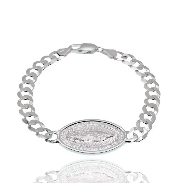 High Polished 925 Sterling Silver 20.5mm x 30.7mm Guadalupe Charm on 7mm Curb Bracelet – ARB00069