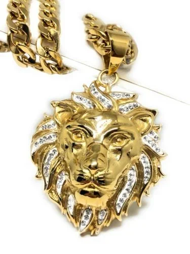 Iced Out Hip Hop Gold Plated Lion Face Head CZ Pendant 30″ Cuban Link Chain 7mm