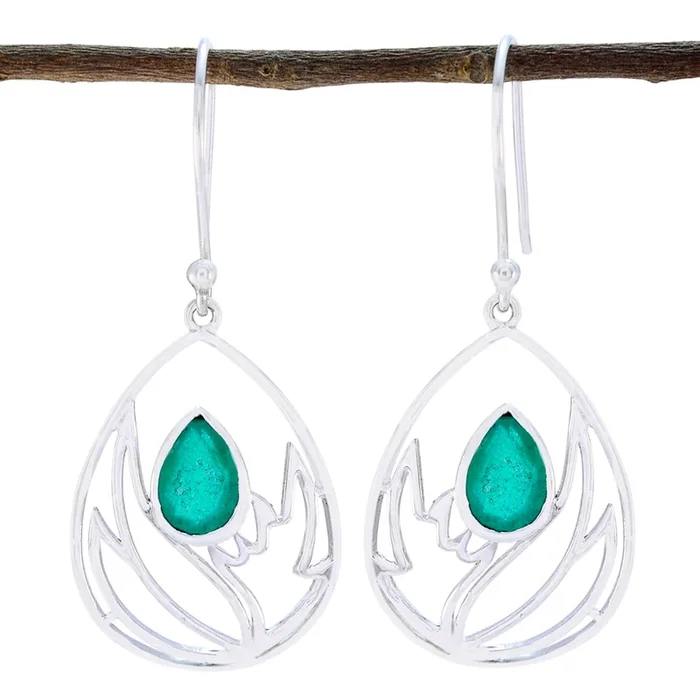 Indian Emerald German Rebeca Solitaire Dangle Green Sterling Silver Earring
