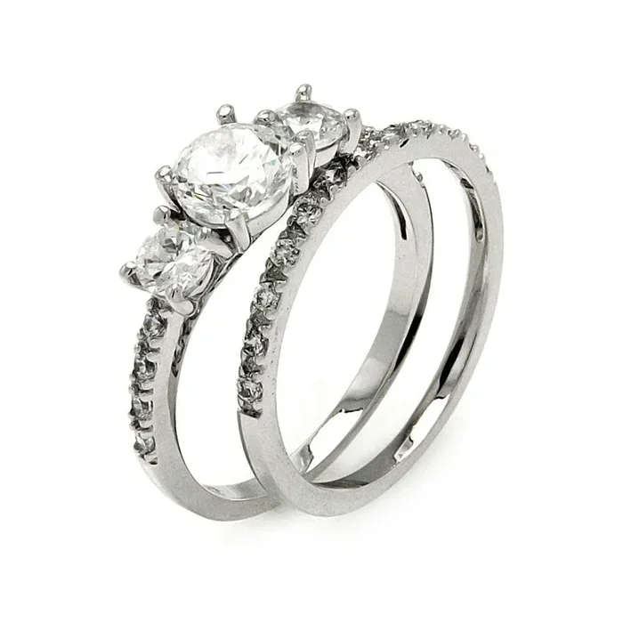 Juego de anillos de novia con circonita cúbica redonda, chapado en rodio, plata 925, 3 piedras, BGR00461