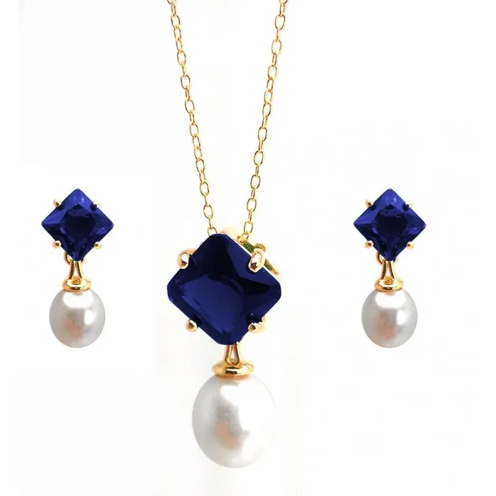 Juego de aretes colgantes y collar colgante con circonita azul en forma de diamante, gota de perla chapada en oro de plata 925 – BGS00432BLU