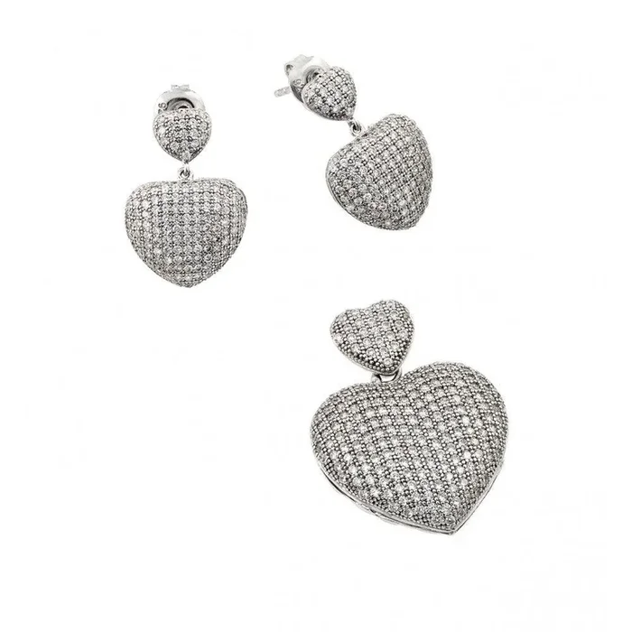 Juego de aretes colgantes y collar colgante con circonita cúbica en forma de corazón con micro pavé transparente chapado en rodio en plata 925 – GMS00009RH