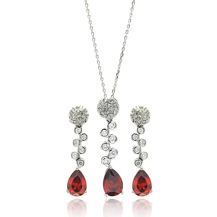 Juego de aretes colgantes y collar colgante con circonita cúbica redonda transparente y lágrima roja chapada en rodio de plata 925 – BGS00295