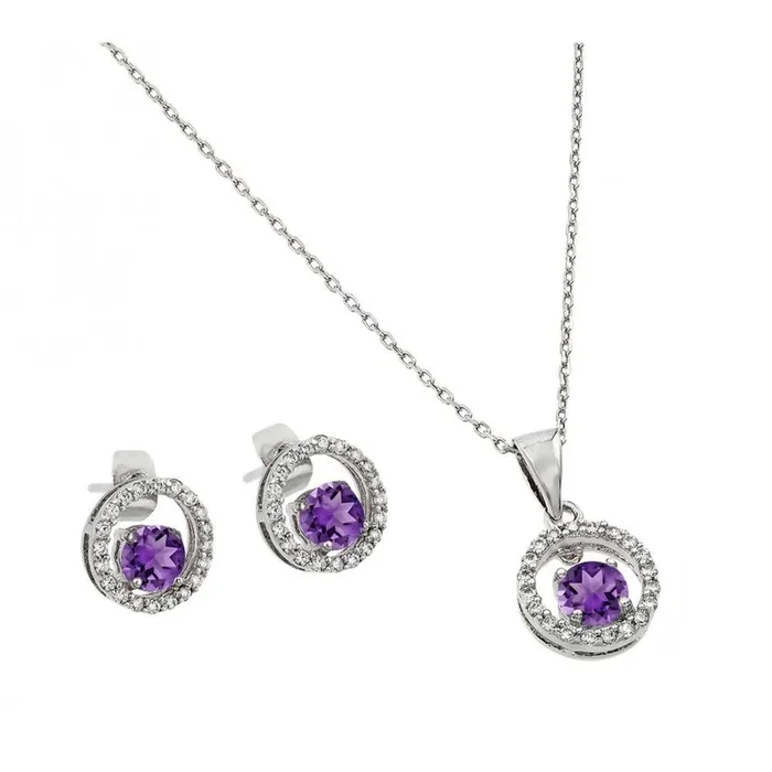 Juego de aretes y collar colgante con circonita cúbica abierta redonda transparente y morada chapada en rodio de plata 925 – BGS00378