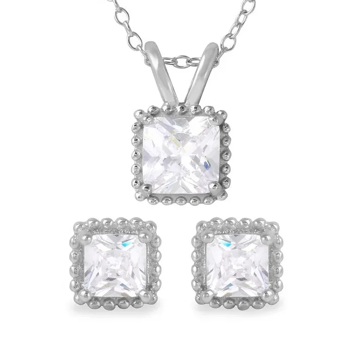 Juego de aretes y collar con circonita cuadrada chapada en rodio en plata 925 – BGS00484