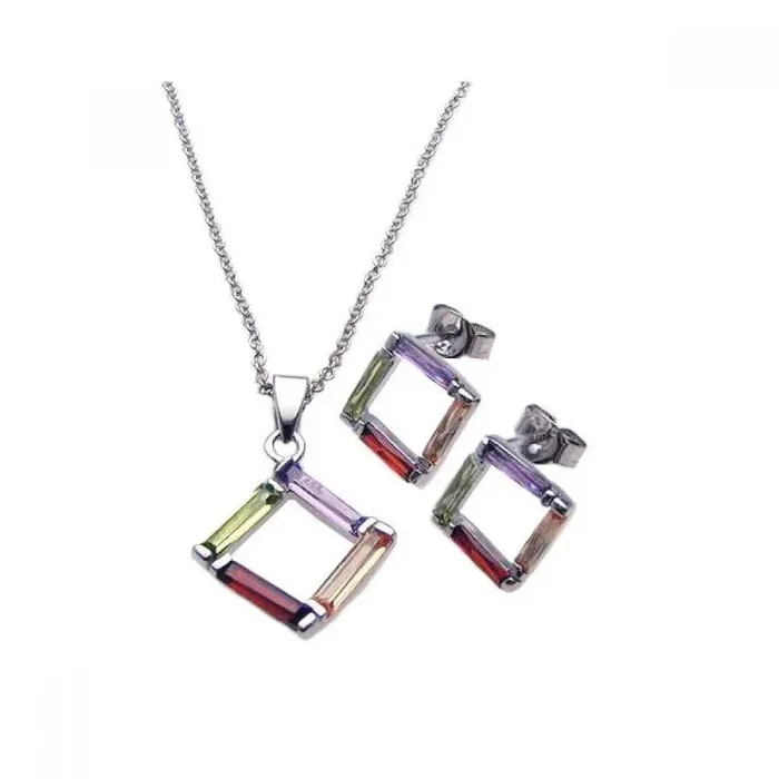 Juego de aretes y collar con circonita cúbica cuadrada abierta multicolor bañada en rodio de plata 925 – STS00216