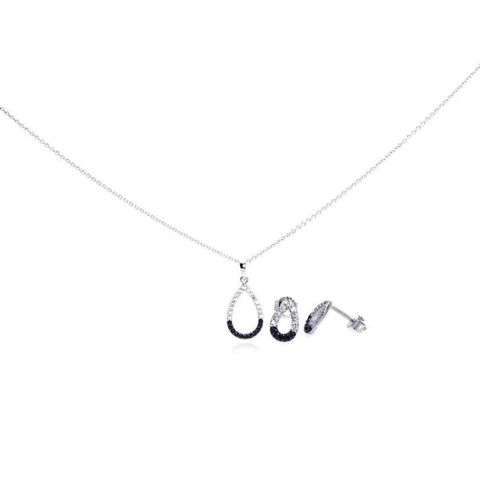 Juego de aretes y collar con circonita cúbica en forma de lágrima abierta chapada en rodio en plata 925 – STS00297