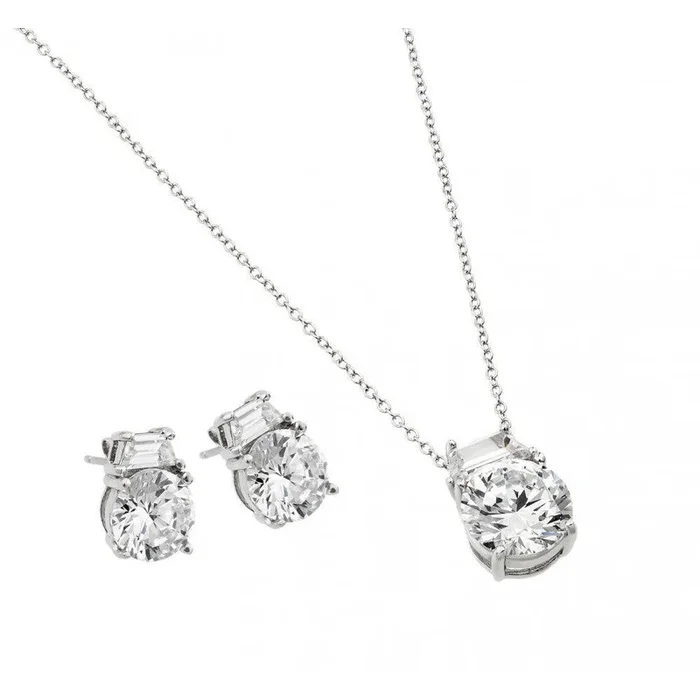 Juego de aretes y collar con circonita cúbica redonda chapada en rodio en plata 925 – STS00256