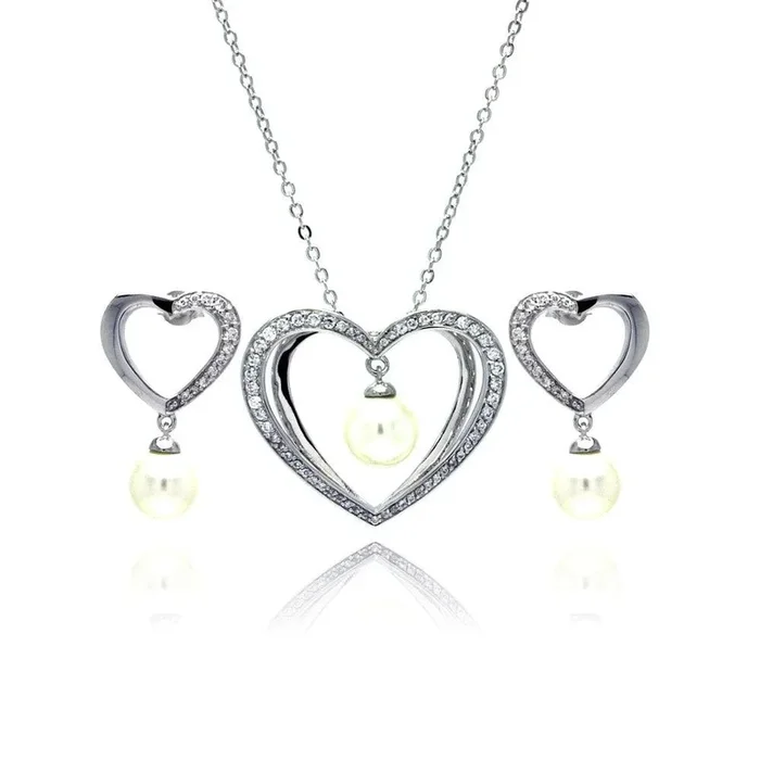 Juego de aretes y collar con circonita cúbica transparente, corazón abierto, perla colgante chapada en rodio, plata 925 – BGS00167