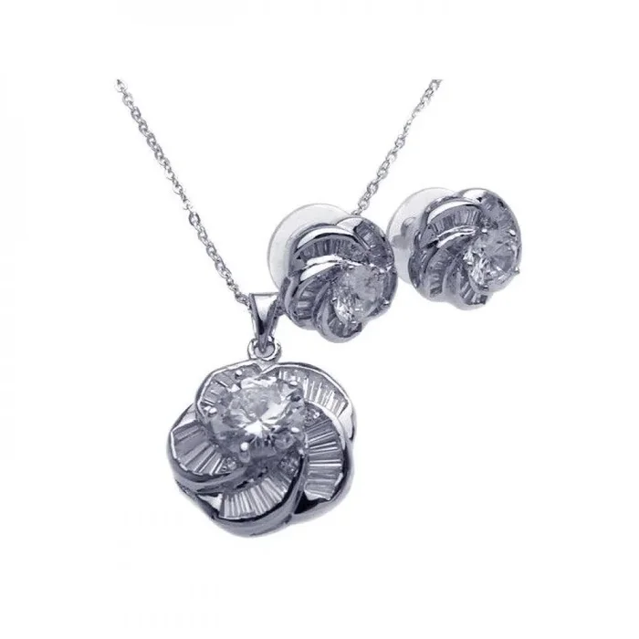 Juego de aretes y collar con circonita cúbica y flor en espiral de baguette transparente bañada en rodio de plata 925 – BGS00093