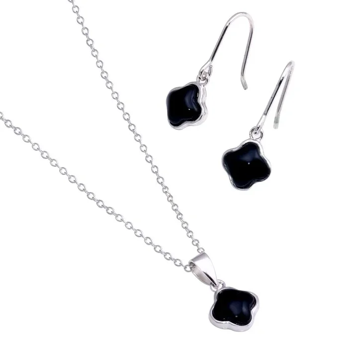 Juego de aretes y collar con gancho colgante de flor de ónix negro chapado en rodio de plata 925 – STS00354