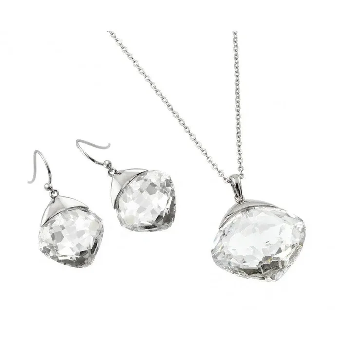 Juego de aretes y collar con gancho de circonita cúbica en forma de diamante transparente chapado en rodio de plata 925 – BGS00284