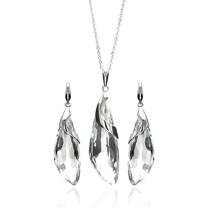 Juego de aretes y collar con gancho de circonita cúbica transparente chapado en rodio en plata 925 – BGS00221CLR