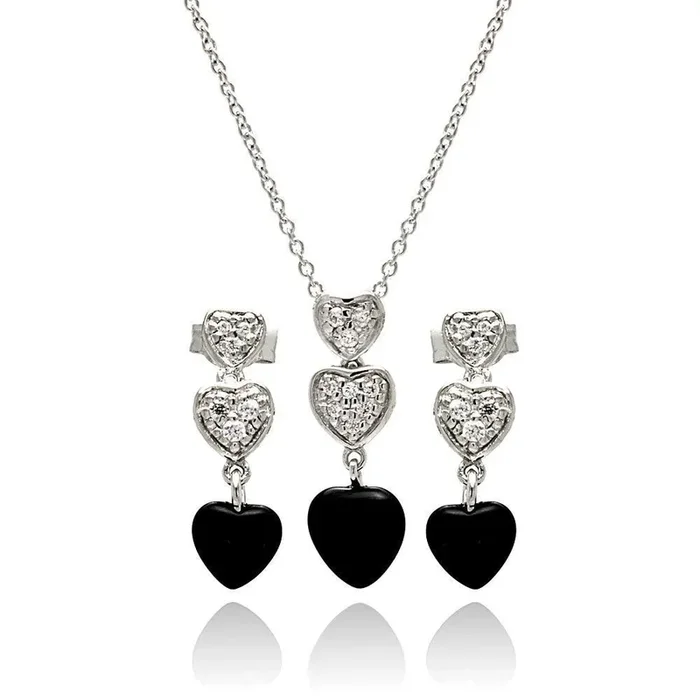 Juego de aretes y collar de ónix negro con circonita cúbica y corazón colgante chapado en rodio en plata 925 – STS00109