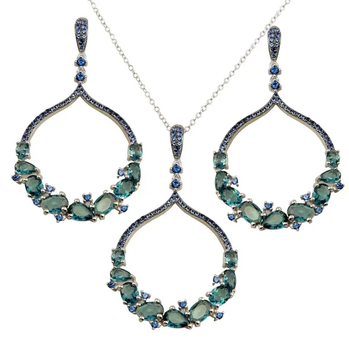 Juego de colgante redondo de plata de ley 925 rodiada con circonita azul turquesa – BGS00568LTBLU