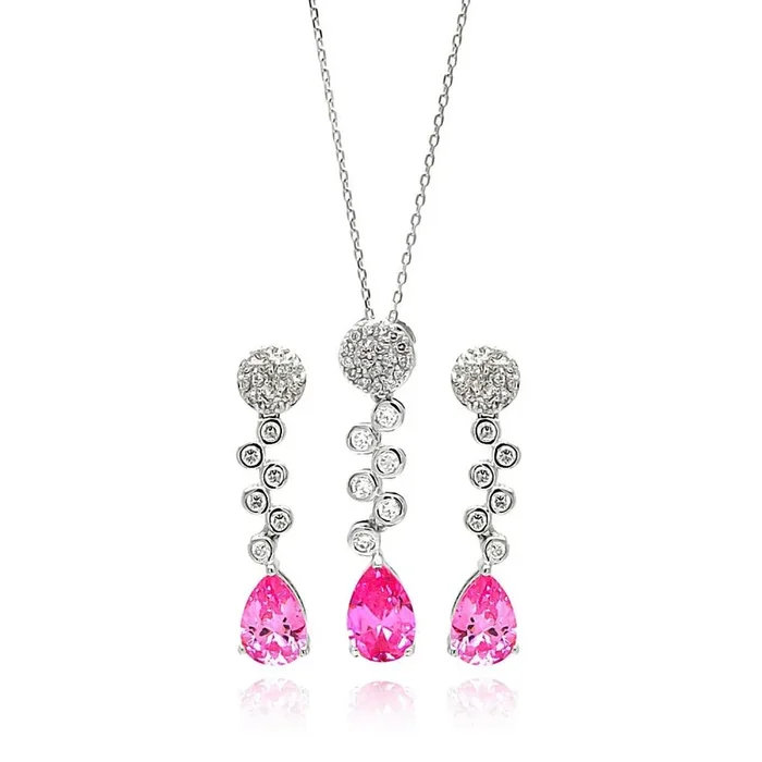 Juego de collar y aretes colgantes con circonita cúbica en forma de lágrima y redondo transparente y rosa chapado en rodio de plata 925 – BGS00294