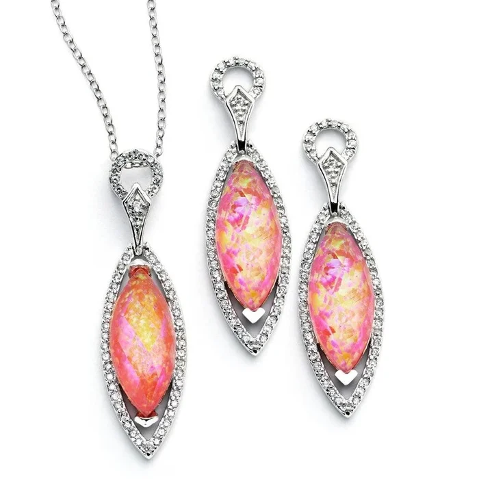 Juego de collar y aretes colgantes con circonita rosa chapada en rodio en plata 925 – STS00465