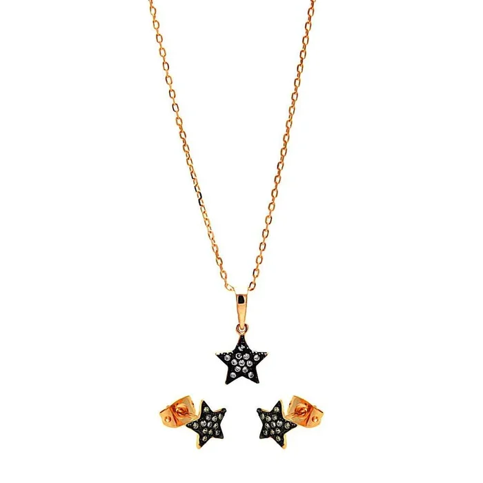 Juego de collar y aretes con circonita cúbica transparente mini estrella bañada en oro y rodio negro de plata 925 – BGS00278